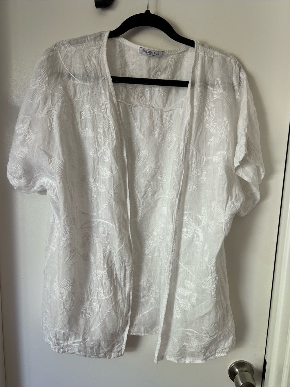 Valentina Naldi White Embroidered Open-Front Tunic Top- linen